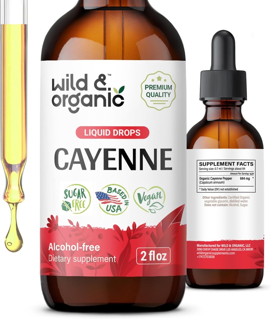 Wild & Organic Cayenne Pepper Tinkture - Capsaicin Kosttilskudd for Digestive Support - Cayenne Pepper Ekstrakt væske - Vegan, alkohol-fri dråper - 2 fl oz