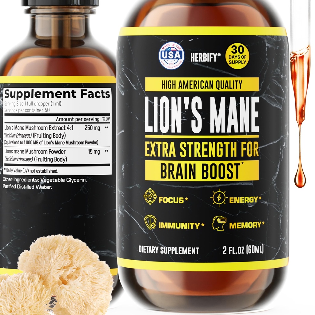 HERBIFY Lions Mane Supplement - Daglig Mushroom Supplement for minne, fokus og klarhet - Brain Booster - Lions Mane Tinktur for immunstøtte - 2 Fl oz
