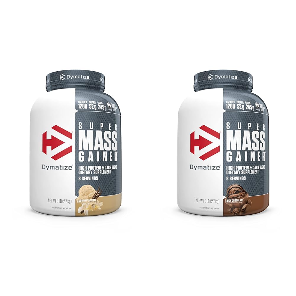 Dymatize Super Mass Gainer Protein pulver 52g Protein 1280 kalorier 6 Pound Gourmet Vanilla & rik sjokolade (pakke på 2)