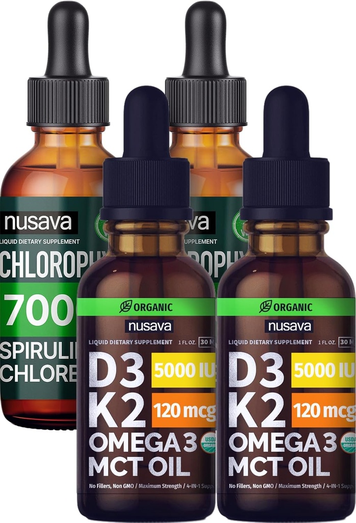 NUSAVA Unflavored D3 K2 Dråper og klorofyll flytende dråper Bundle - Potent flytende vitaminer for hjerte, felles, energi og immunstøtte - Ikke-GMO, Glutenfri, 2pk Hver