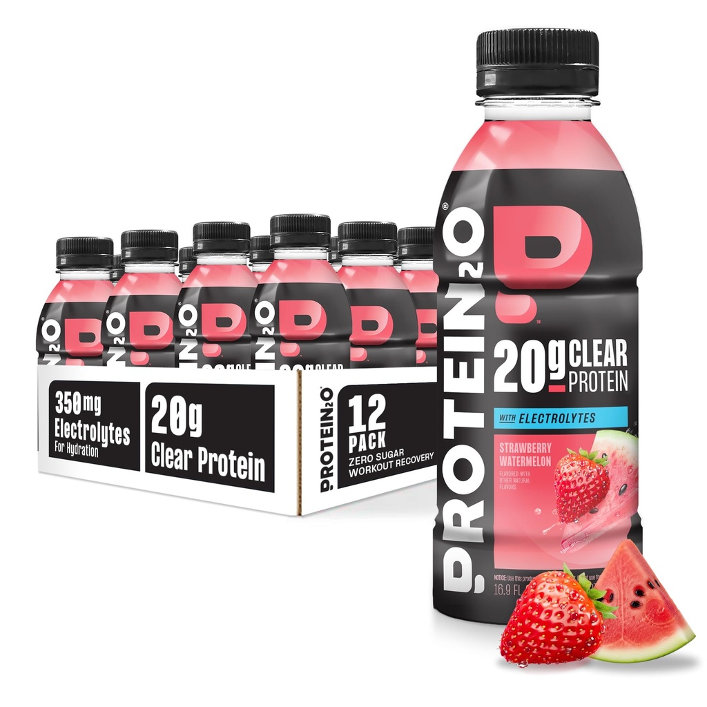 Protein2o Hydration Drink - 2-i-1 Flytende Clear Whey Protein Isolate og Electrolyte Drink - 20g Protein, vitaminer B5, B6 - Post-Workout Recovery - 16,9 Fl Oz - 12 Count Strawberry Watermelon