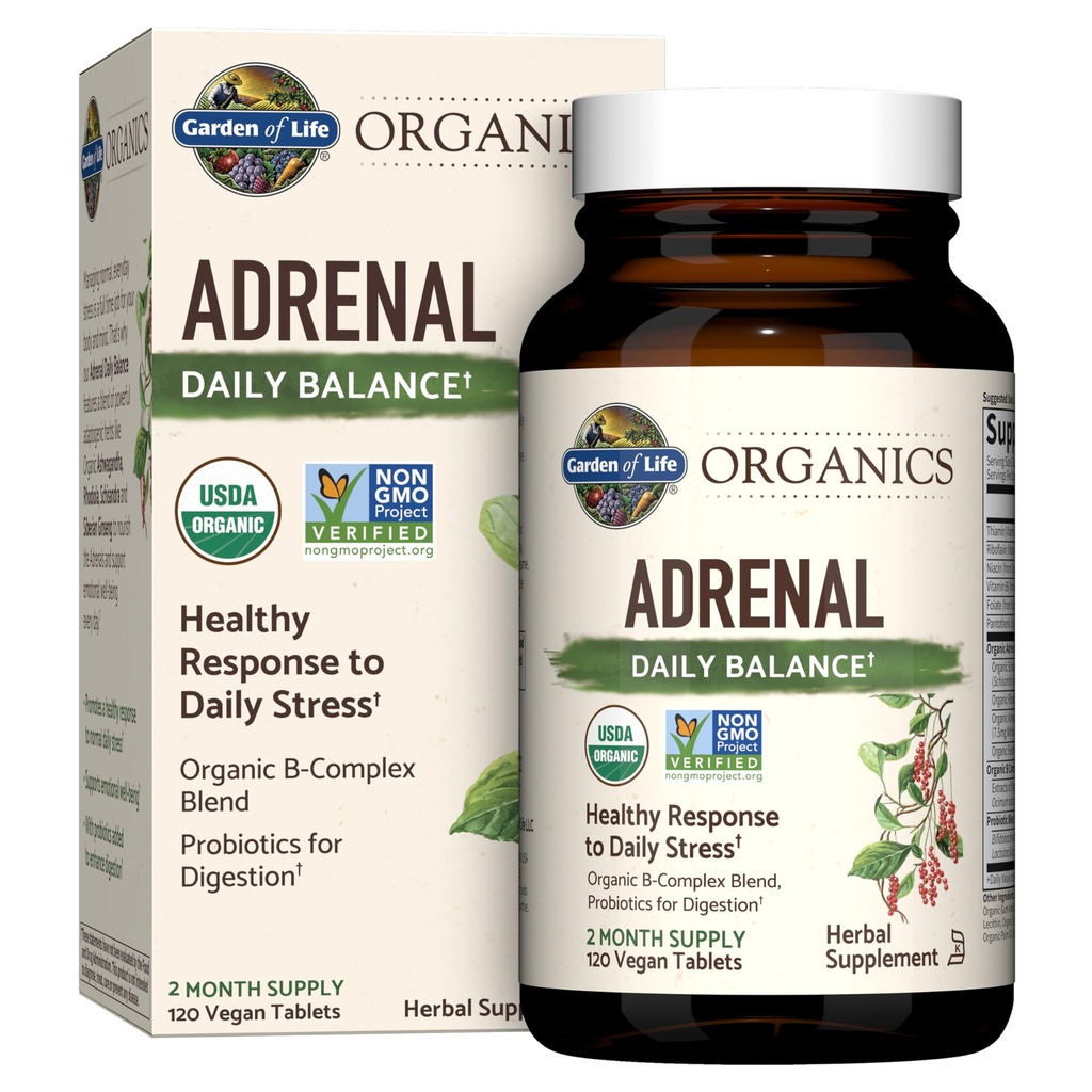 Hage of Life Organics Adrenal Daily Balance, Adaptogene urter Ashwagandha, Holy Basil, B komplekse & probiotika, organisk ikke-GMO, Vegansk, Glutenfri Supplement, To måneders forsyning, 120 tabletter