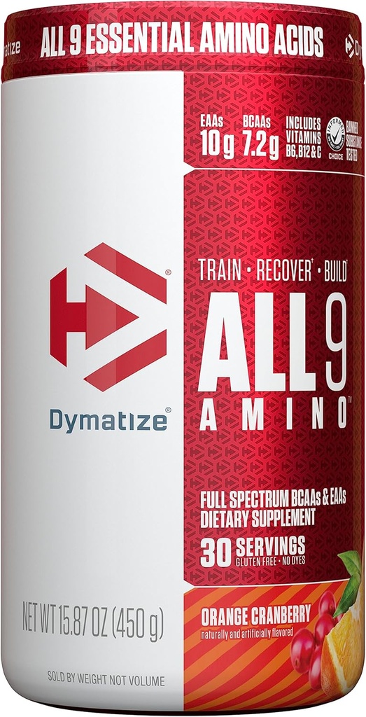 Dymatize All9 Amino, 7,2 g BCAA, 10 g fullspektrum essensielle aminosyrer per servering for gjenoppretting og optimal muskelproteinsyntese, oransje tranebær, 30 serveringer, 15,87 Ounce