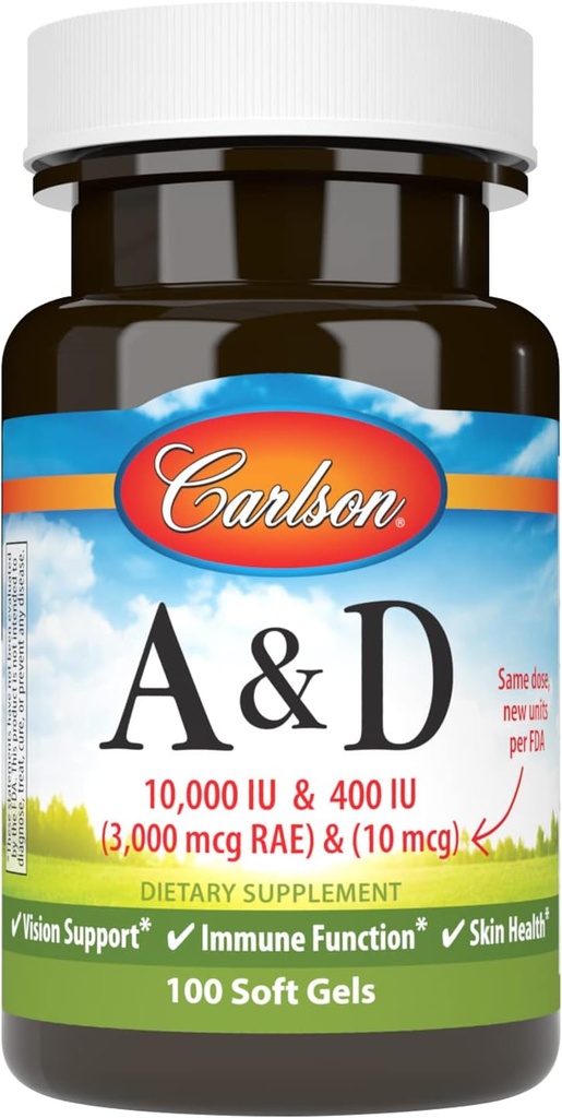Carlson - A & D, 10000 IU (3000 mg RAE) Vitamin A, 400 IU (10 mg) Vitamin D3, Visjon Støtte, Hud Helse, 100 Soft Gels