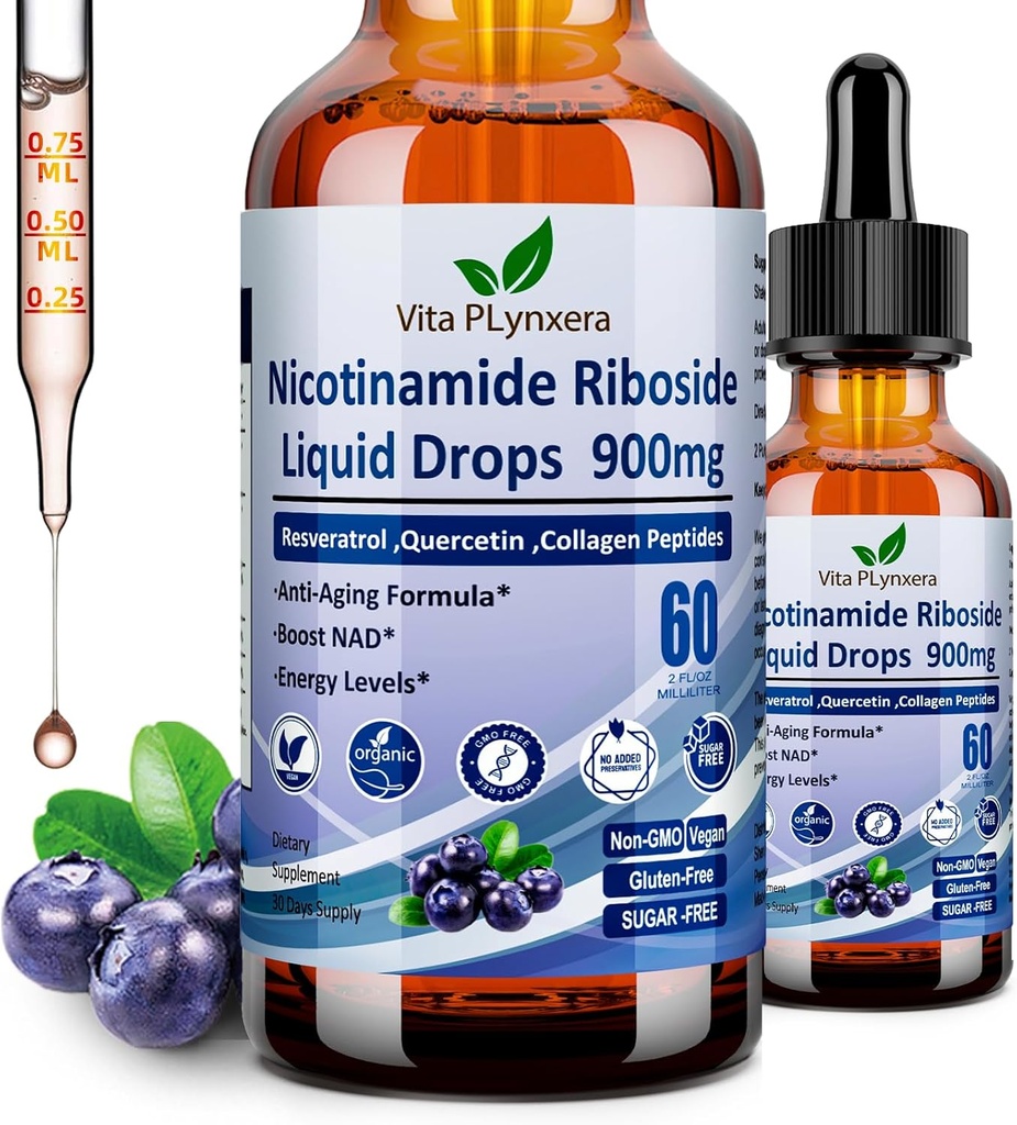 NAD Kosttilskudd for kvinner og menn, NAD Nikotinamid Riboside Resveratrol 900mg & Quercetin, Niacin, kollagen, Biotin, flytende NAD Plus Supplement NR900 For anti-aldring hud energi lang levetid fokus hjernen