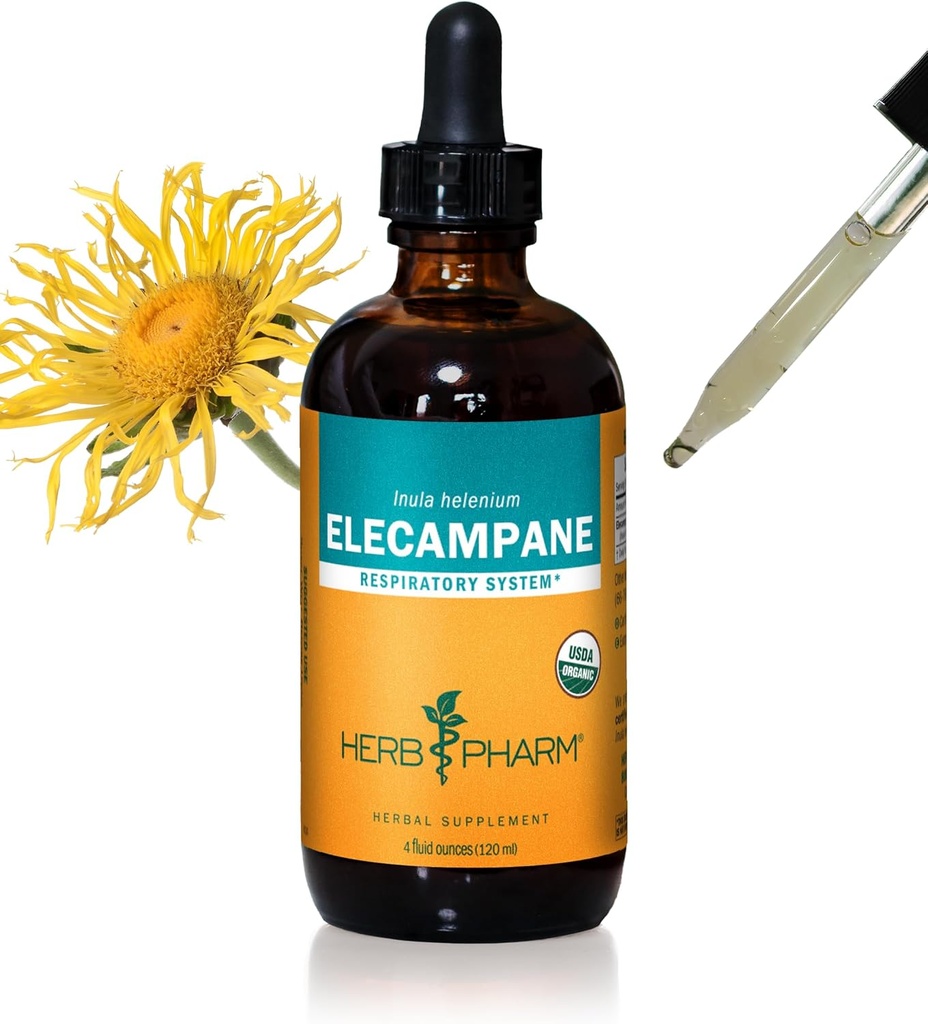 Herb Pharm Certified Organic Elecampane Liquid Extract for pustende system støtte - 4 Ounce