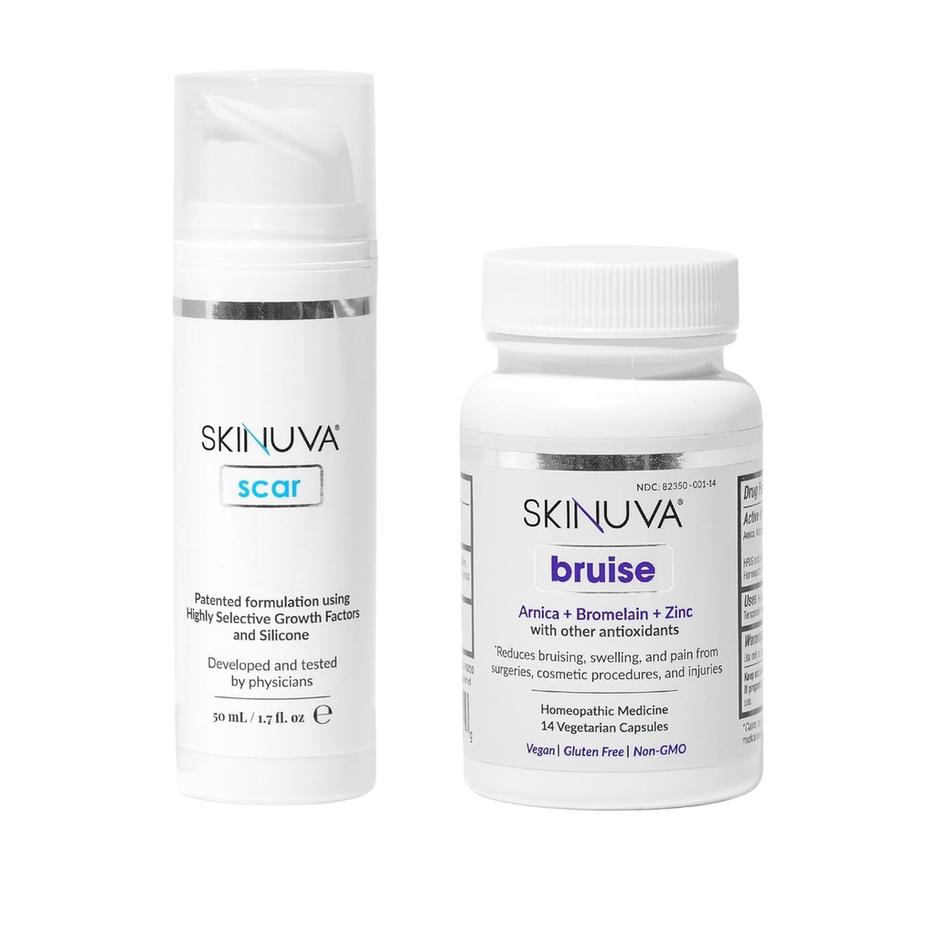 Skinuva® Scar (1.7 oz) & Bruise (14 kapsler) - Avansert silikonkrem formulert med vekstfaktorer og Homeopatisk Bruise Remedy Formulert med Arnica, Bromelain & Sink