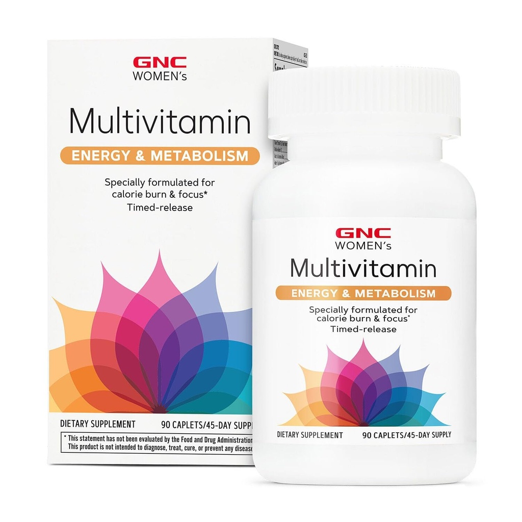 GNC kvinners energi og metabolisme Multivitamin Caplets, klinisk bevist, Calorie Burn, Fokus, 100 mg koffein, aktiv ernæring, immunforsvar, bein, skjønnhet, jern, biotin, tidsbestemt frigjøring, 90 ct