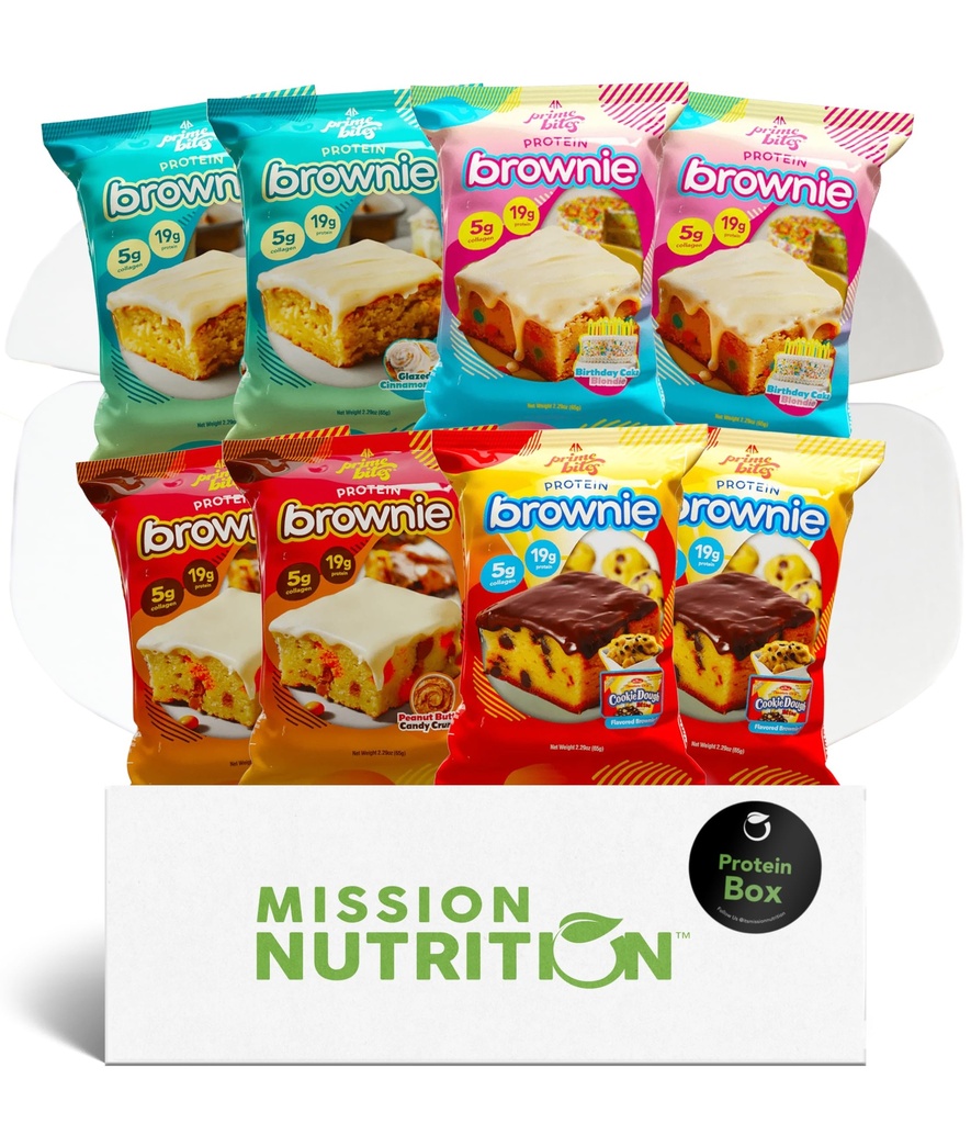 Prime Bites Protein Brownies Varierte pakke Blondiner - høy protein (19g), kollagen og Whey Protein, lav sukker - 8 Count Snack & Gift Box