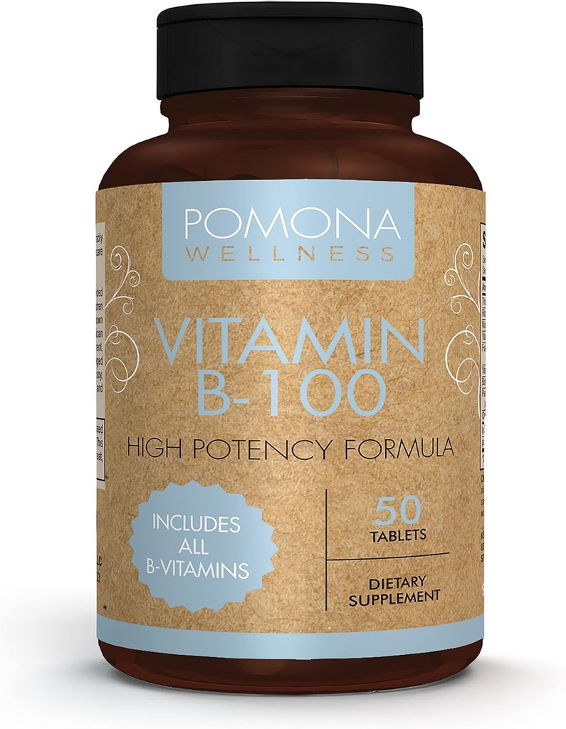 Pomona velvære vitamin B-kompleks Supplement med folsyre, høy potens multivitamin, alle 10 B vitaminer inkludert B12, støtter energinivå, hjerte helse, ikke-GMO, 50 tabletter