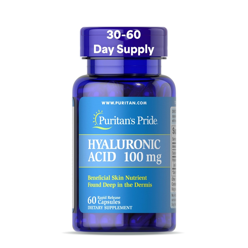 Puritans Pride Hyaluronsyre 100 mg, kosttilskudd for hudhydrasjon, 60 Rapid release kapsler
