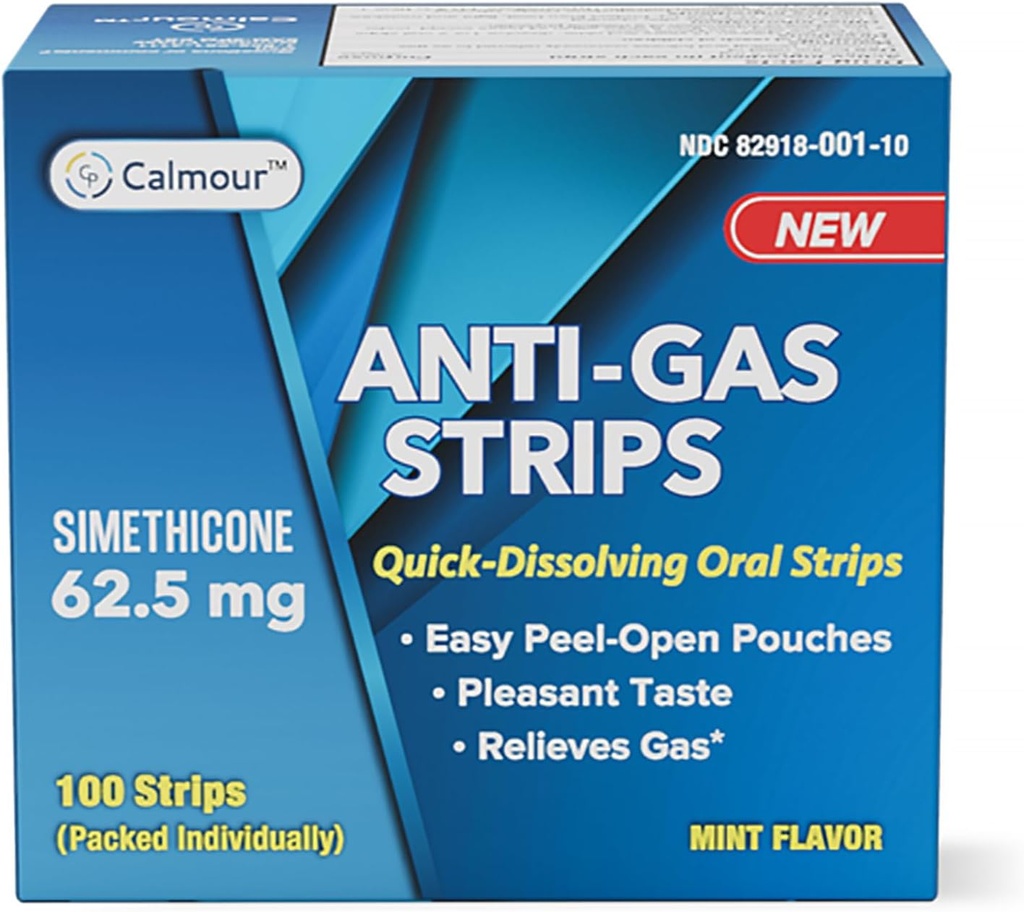 Anti Gass Relief 100 Strips ® Mint Flavor Oral Oppløselig Anti Bloating Relief Strips | Rask gass Relief for voksne | Effektiv Bloating Relief for kvinner | Simetikon Anti Bleating for kvinner