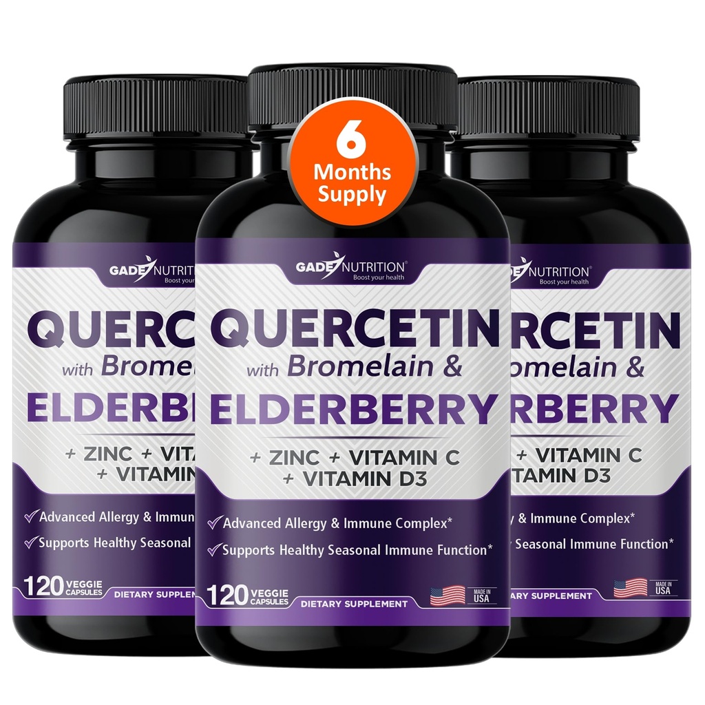 Gade Nutrition Quercetin med Bromelain & Elderbær | Quercetin med vitamin C og sink | Zinc Quercetin 500mg med vitamin D3 | Daily Immune Support Supplement - 6 måneders forsyning