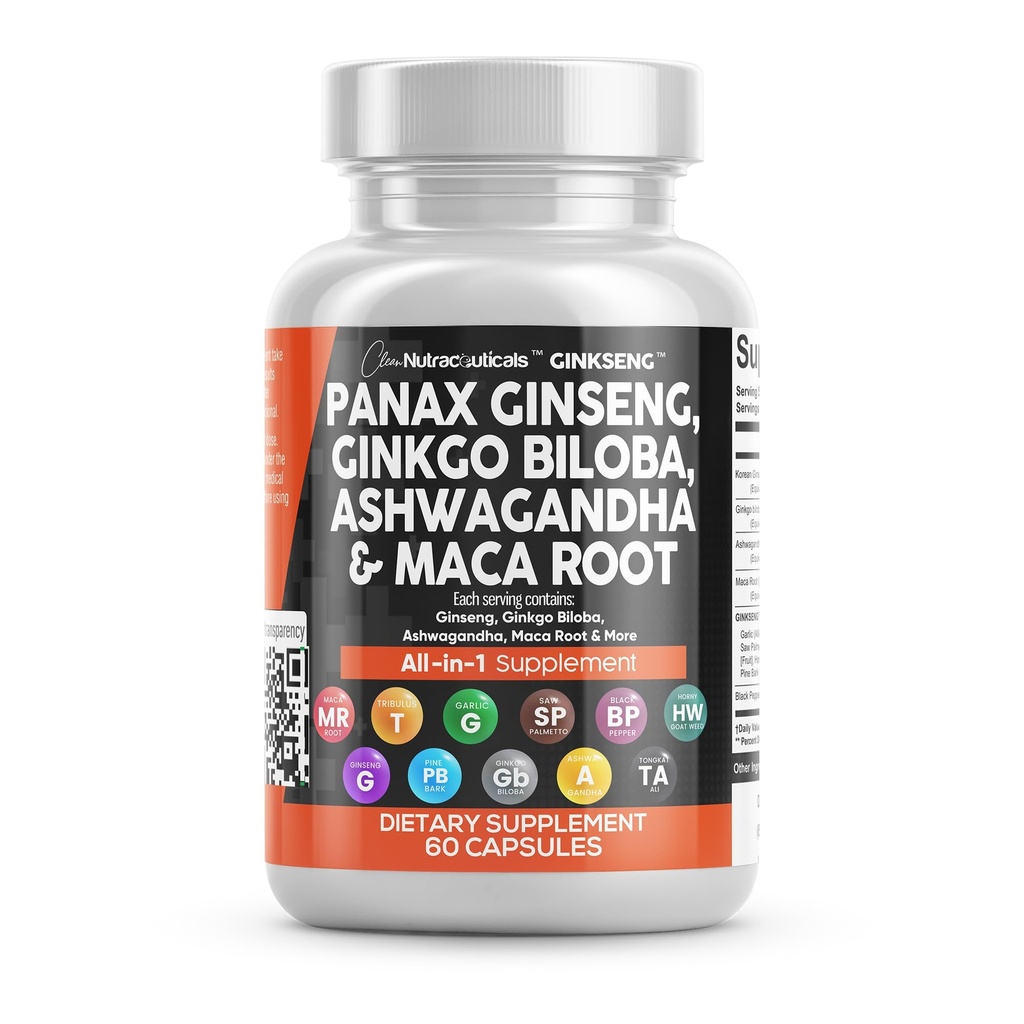 Rene Nutraceuticals Panax Ginseng Ginkgo Biloba Ashwagandha Maca Root - Fokus Supplement piller for kvinner og menn med Pine Bark ekstrakt, hvitløk, og så Palmetto - 60 Caps