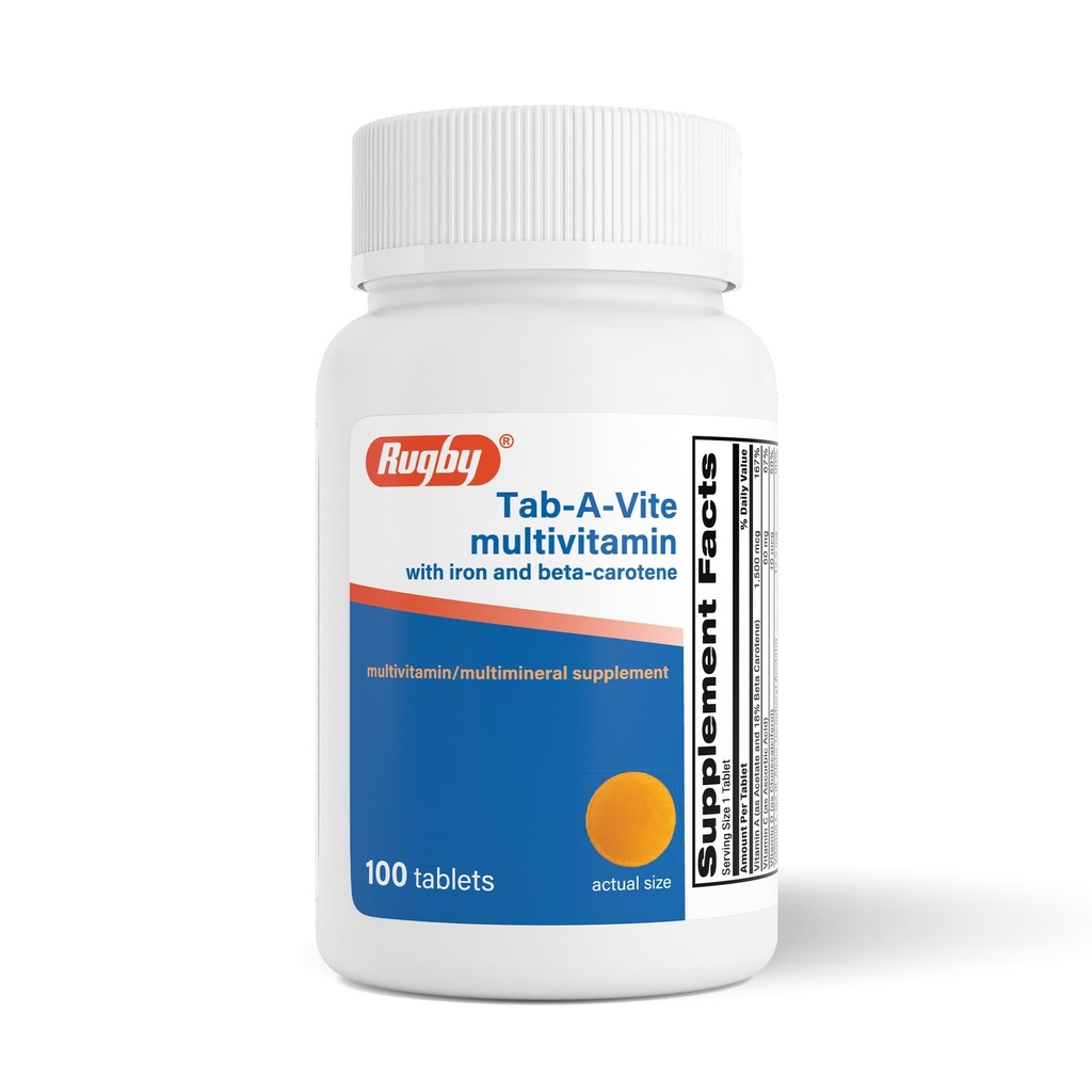 Rugby Tab-A-Vite Multivitamin med jern og Beta-Caroten - Daglig Multivitamin for voksne, Støtter generell helse, Multimineral Supplement - 100 tabletter