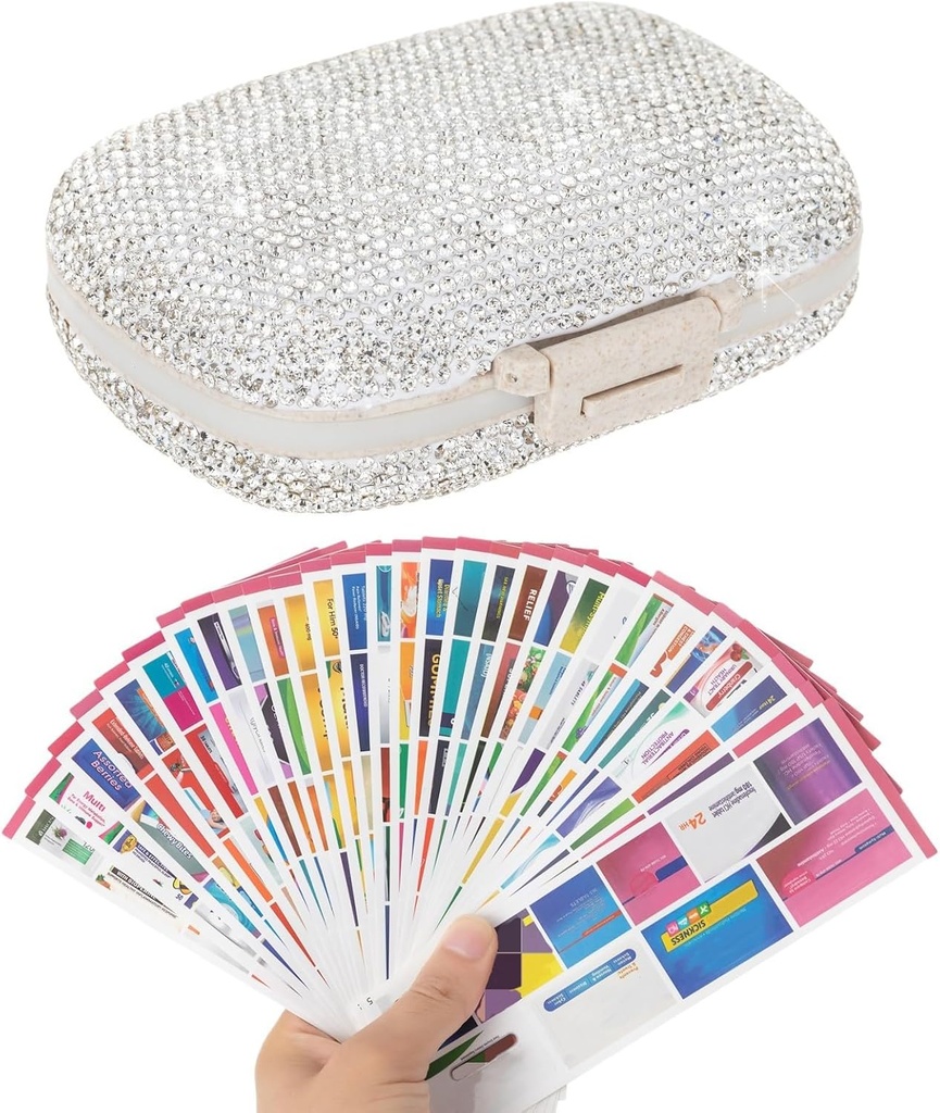 Pill Organizer med etiketter Bling Pocket Pill Veske med klistremerker Reisemedisin Kit Holder liten Purse Pill Box Container Bærbar Mini Medisin Oppbevaring (hvit & 300 Etiketter)