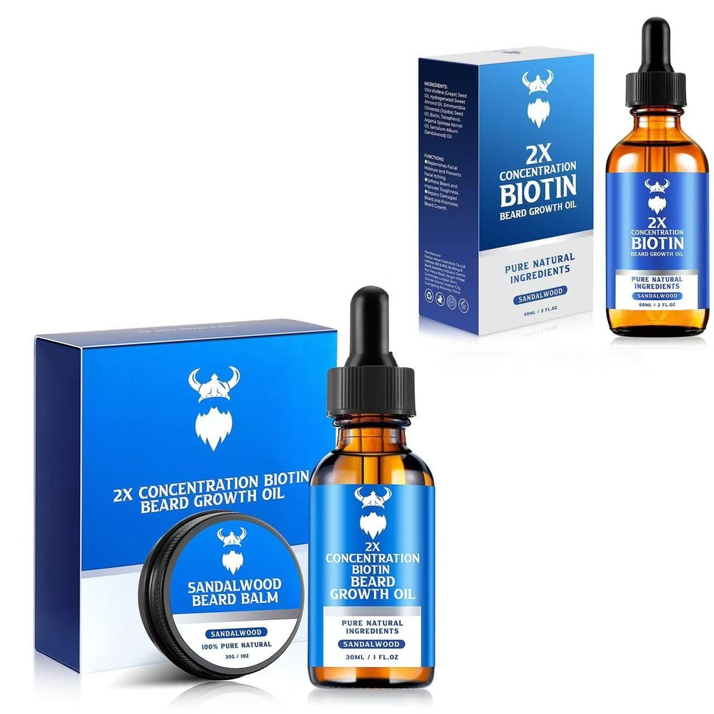 Sandalwood Beard vekstsett med 2X Biotin for menn og beard vekstolje, naturlige ingredienser og tykkere ansiktshårvekst