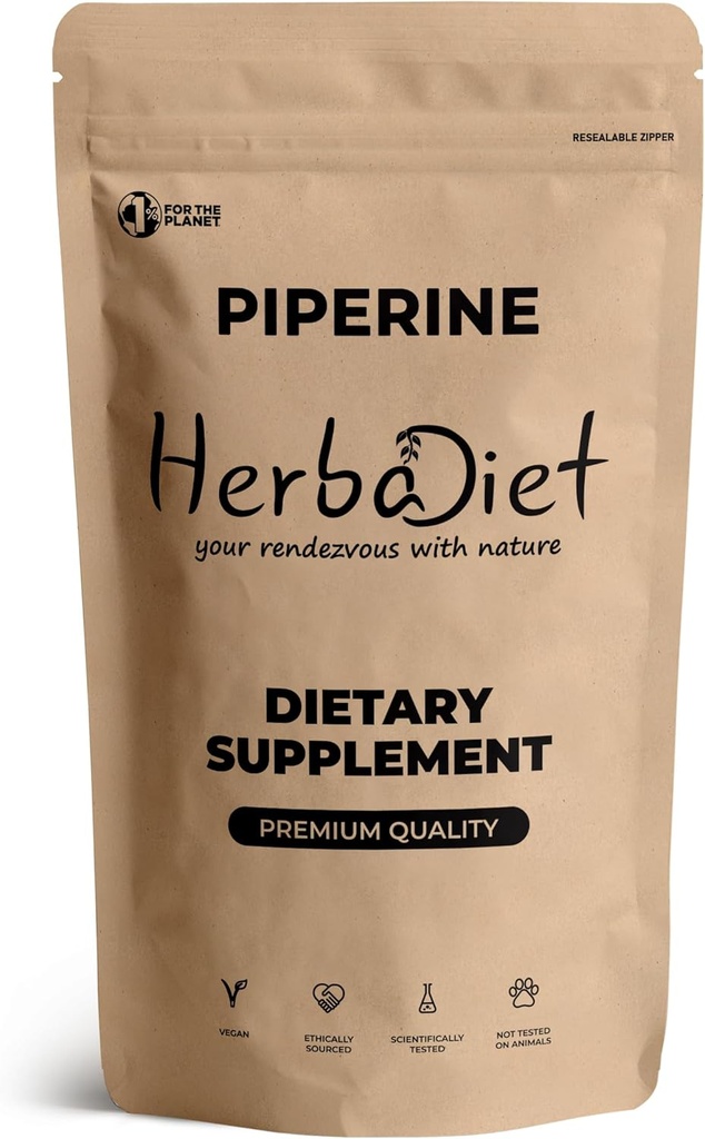Herbadiet Piperine 95% pulver | Svart Pepper Ekstrakt pulver 95% ved Hplc | Biotilgjengelighet forsterker, øker næringsstoffer opptak | Glutenfri, ikke-GMO bulk Supplement (0,35 oz / 10 gm)