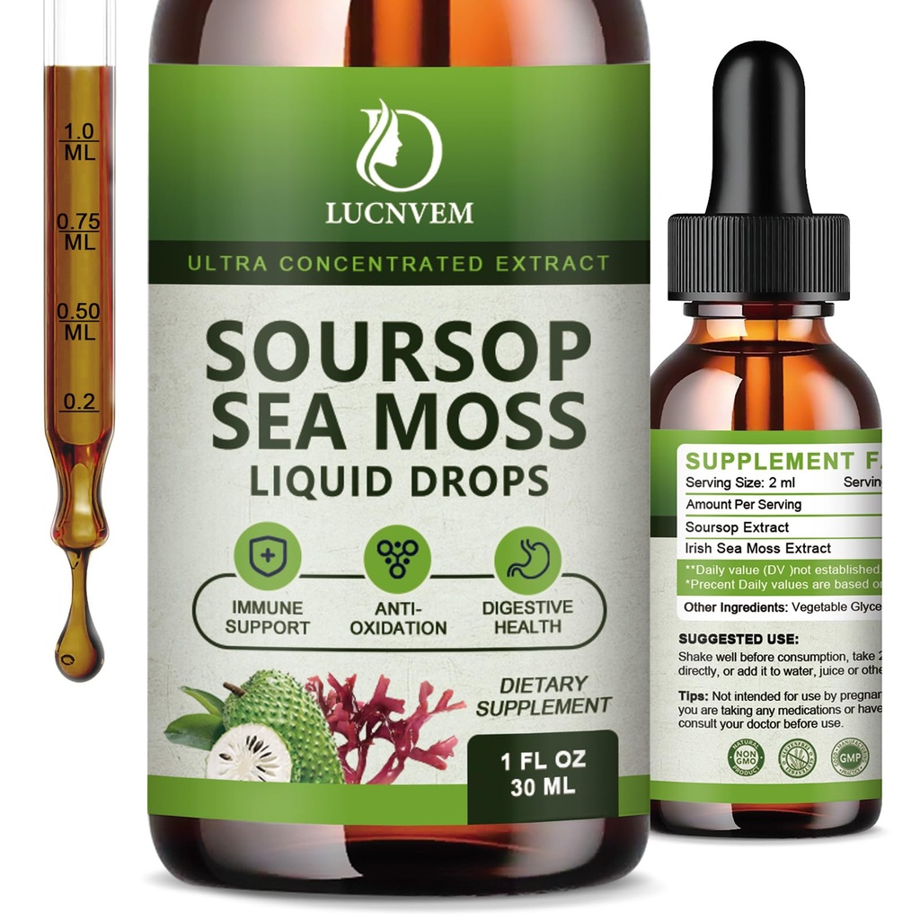 (2 Pakke) Organisk Soursop Graviola med hav Moss flytende dråper, Soursop Bitters Flytende i Multivitamin For Naturlig Antioksidant, Immun Boost, Cell Support & Regenerasjon, Pineapple Flavor