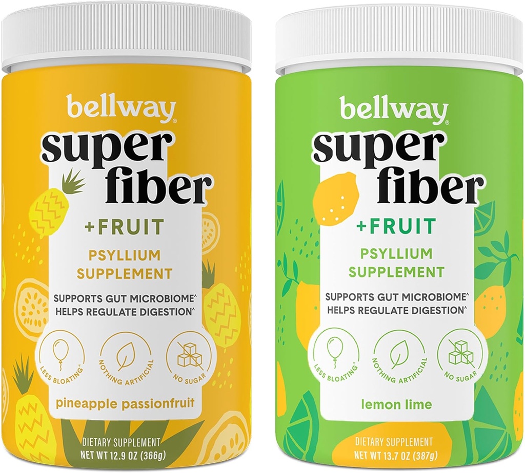 Bellway Super Fiber pulver + frukt, sukkerfri organisk Psyllium Husk pulverfiber Supplement for regelmessighet, bloating relief & gut helse, ikke-GMO, Pineapple Passion frukt og sitron lime