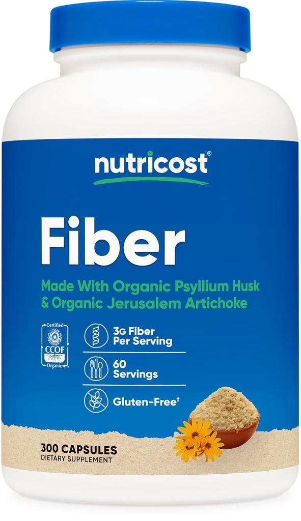 Nutricost Fiber Kapsler med Prebiotic Fiber Supplement 300 Kapsler - laget med organisk Psyllium Husk & Organic Jerusalem Artichoke, 60 Serveringer, Glutenfri, 3 G Per Serving