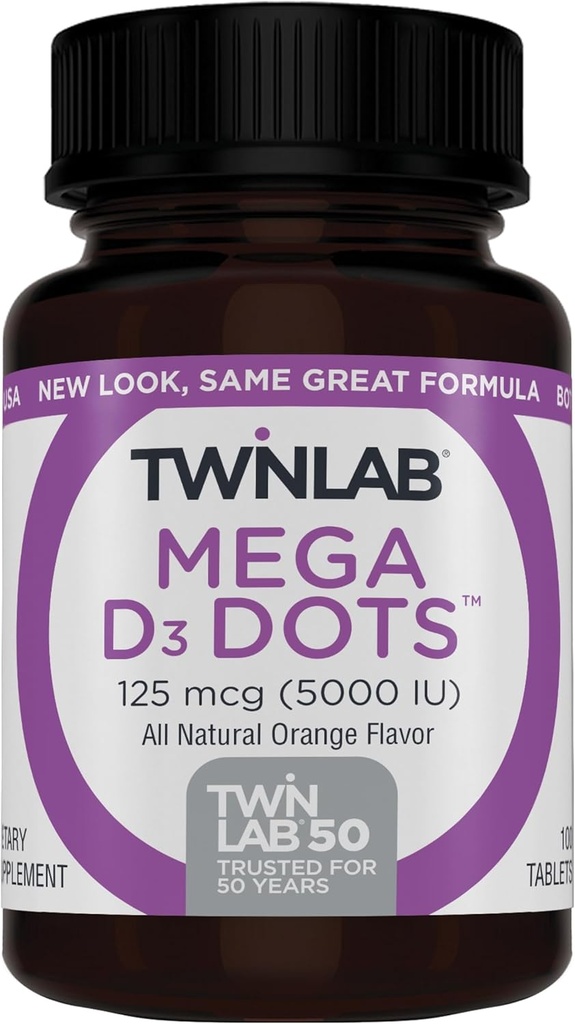Twinlab Mega D-3 Dots - vitamin D Supplement for immun helse og bein støtte - 100 orange tabletter, 125 mikrog (5000 IE) (pakke på 2)