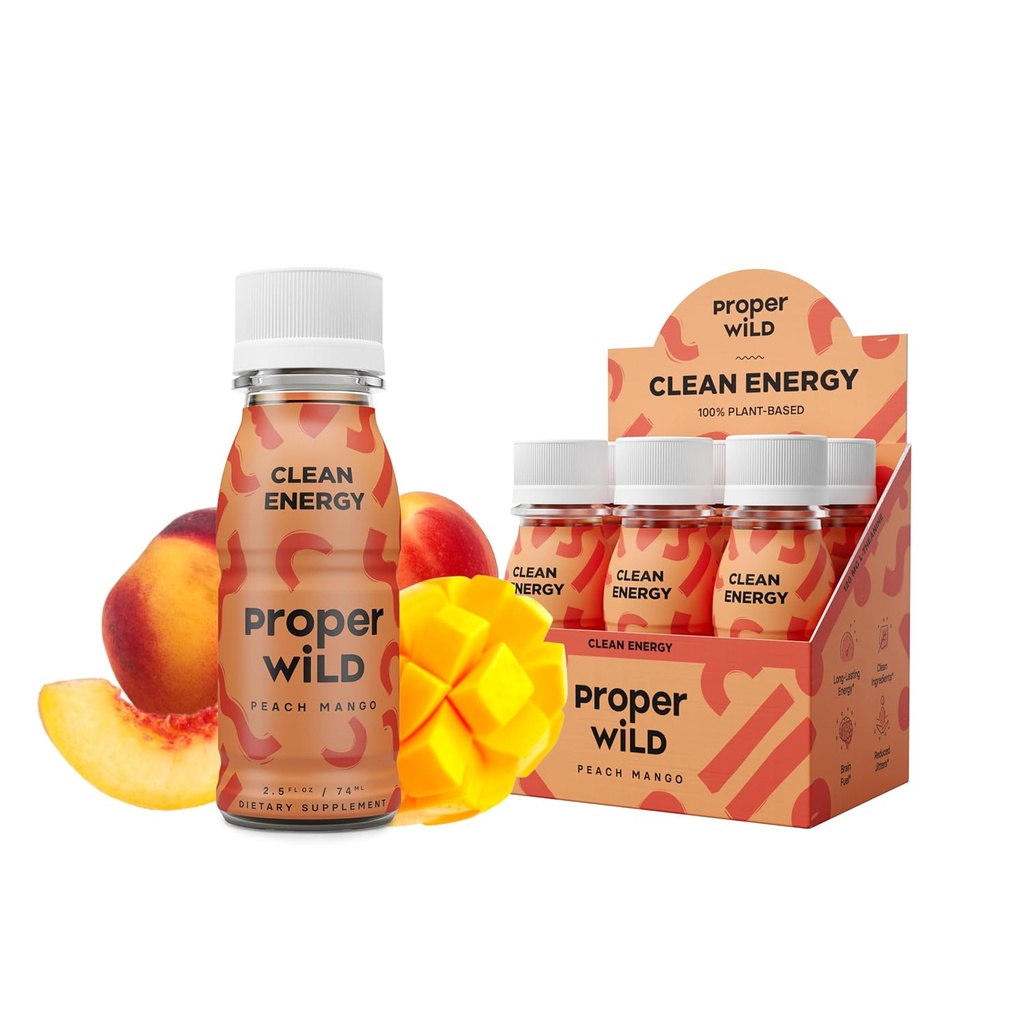 Korrekt Wild Vegansk Energi Shots, med L-Theanine, og organisk koffein, ren plantebasert energidrikk, Glutenfri, GMO-fri, Dairy-Free, Stevia-fri, Soja-fri, Peach Mango, 2,5 Fl Oz, 6 Pack