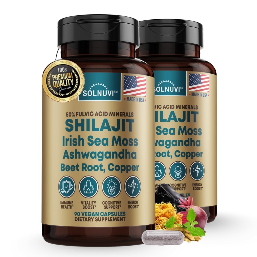 Shilajit ren Himalayan Organic Capsules med Irish Sea Moss, Ashwagandha, Kobber, Beet Root - Fulvic Acid Trace Minerals Supplement for menn og kvinner - 90 greve, ikke-GMO, Glutenfri