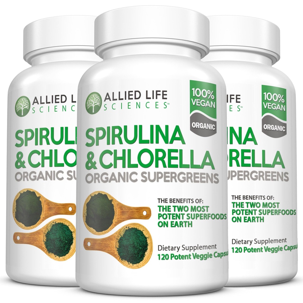 Alliert Liv Spirulina og Chlorella | Organisk Klorofyll Vegansk Protein pulver Grønn Superfood Kapsler | Naturlig immunstøtte (3 flaskepakke)