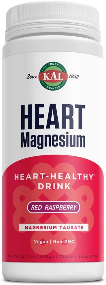 KAL hjerte Magnesium Drikk Blande, Rød bringebær Magnesium Taurate pulver hjerte helse kosttilskudd for inflammasjon, sukker gratis, Vegansk, 100 serveringer, 15,7 oz