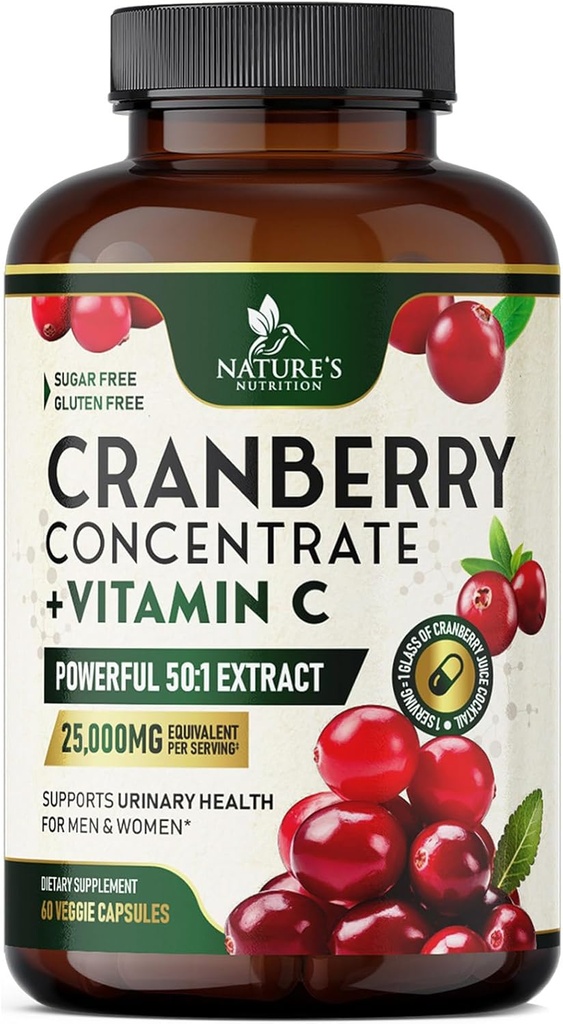 Cranberry Supplement piller 25 000mg - høy potens Vitamin C Cranberry for kvinner og menn, Urinal Tract Helse støtte, sukkerfri, glutenfri, ikke-GMO, Cranberry Konsentrat ekstrakt - 60 kapsler