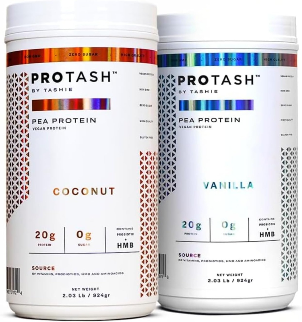 Pakke med 2 | Vegansk proteinpulver av TASHIE, 20g Pea Protein for menn og kvinner, ikke GMO, null sukker, inneholder probiotiske og HMB (Vanilla & Coconut)