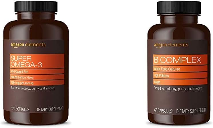 Elementer Super Omega-3 (120 greve) og elementer B kompleks (65 kapsler)