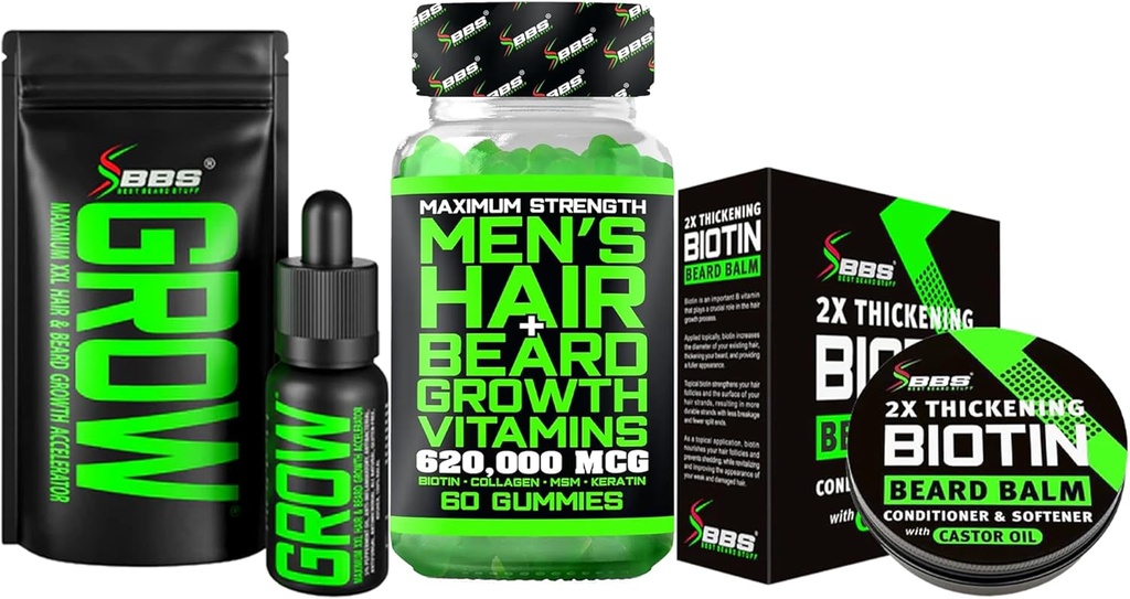 Skjeggvekstsett w/ 2X Tykking Biotin Beard Balm for menn & Mustache Wax + Grow Mustache Serum & Ansiktshår Olje + 14-i-1 Biotin Gummies & Hårvekst Vitaminer for menn - Formulert i Amerika