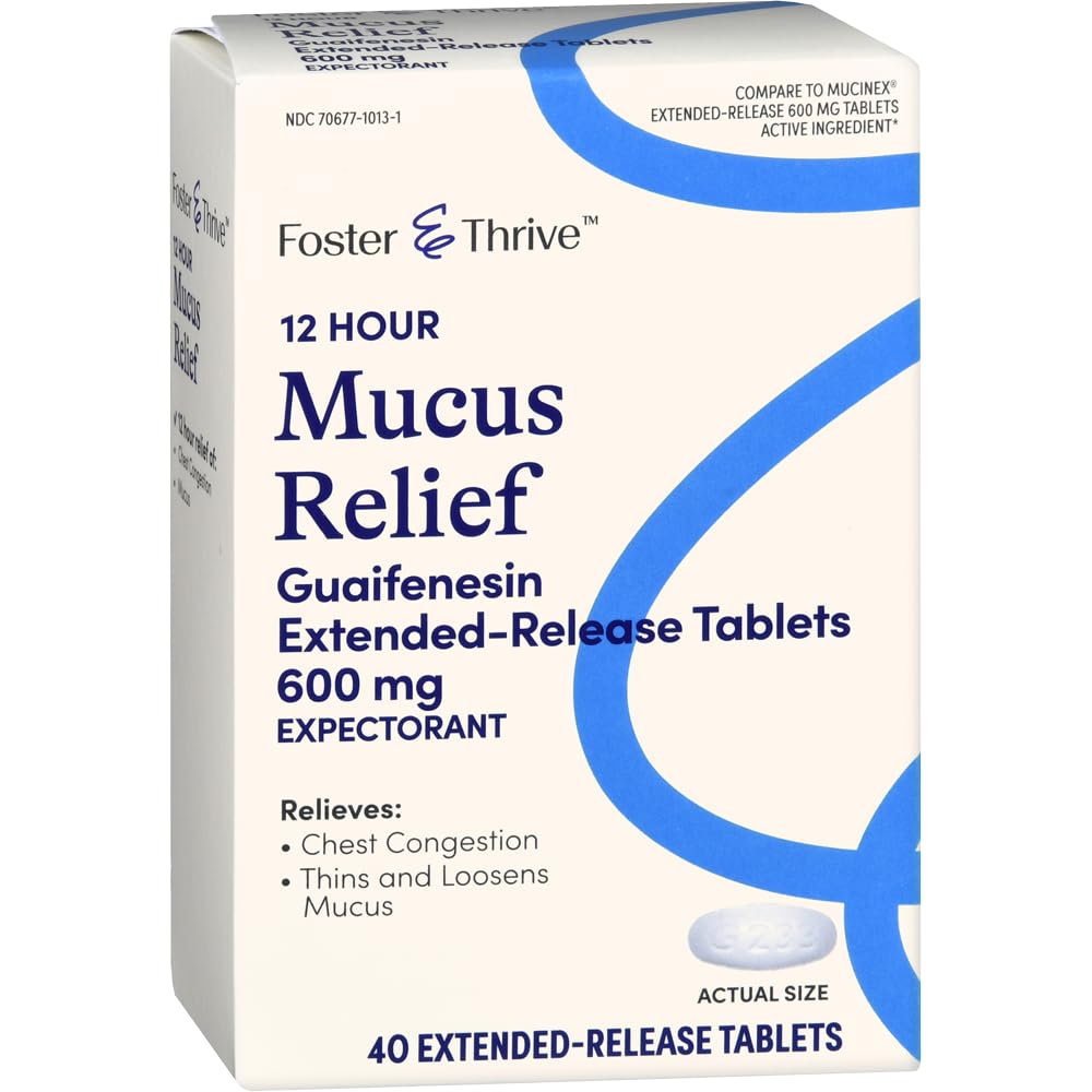 Foster & Thrive Chest Congestion Mucus Extended release, 600 mg Guaifenesin lindrer bryst kongestion forårsaket av overflødig Mucus, (sammenliknet med Mucinex 12 timers utvidet frigivelse), 40 tabletter