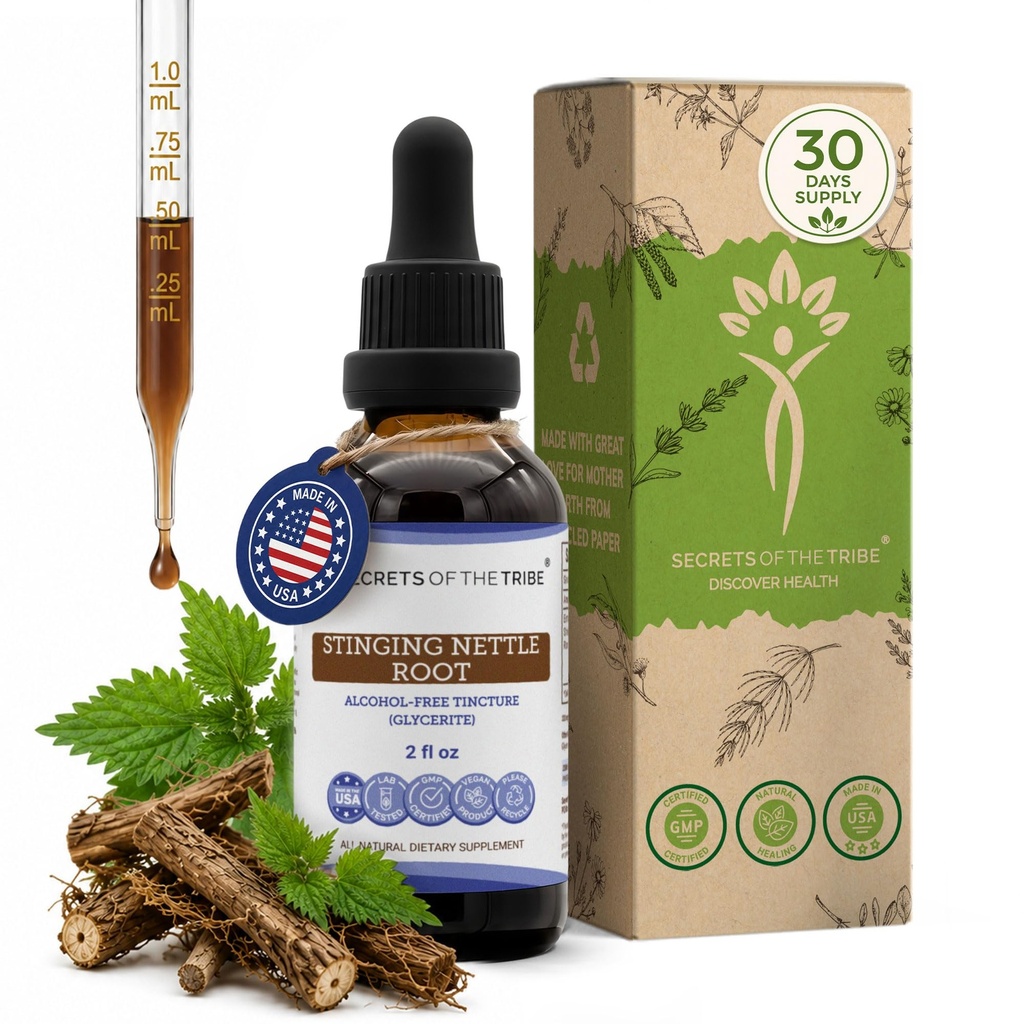 Hemmeligheter av Tribe Stinging Nettle alkohol-fri flytende ekstrakt, Stinging Nettle (Urtica Dioica) Tørket rot (2 FL OZ)