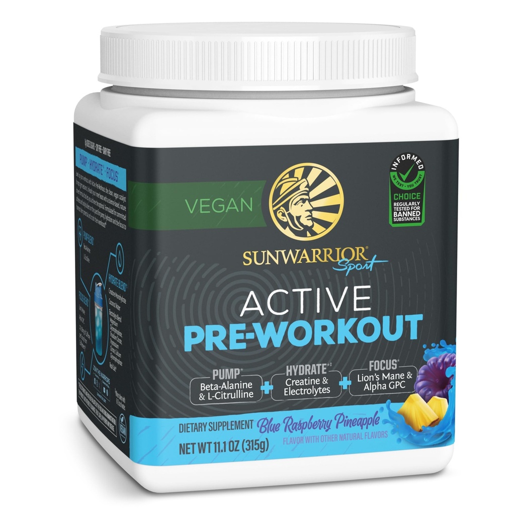 Sunwarrior Pre trening pulver energi drikke vegansk plante-basert kosttilskudd pumpe, Hydrate, fokus, utholdenhet, og styrke byggherre blå bringebær Pineapple flavored 30 serveringer aktiv preworkout