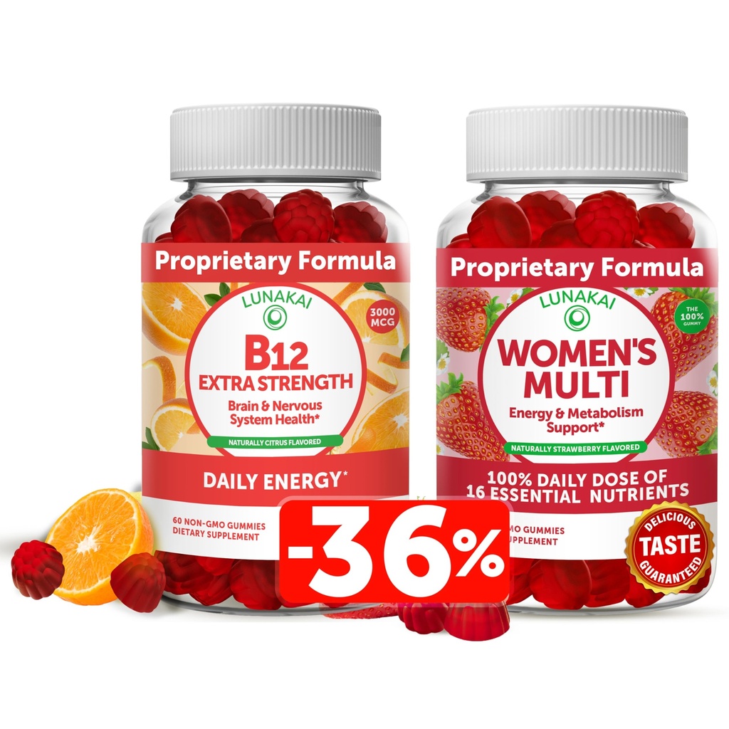 Lunakai vitamin B12 og kvinners multivitamin gummier Bundle - ikke-GMO & Vegansk Supplement for energistøtte og bein helse - 100% daglig verdi av 16 essensielle vitaminer og mineraler - 30 dagers forsyning