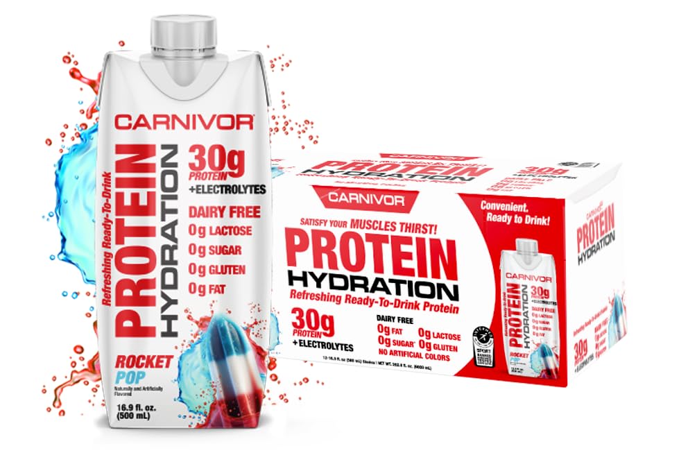 MuscleMeds Carnivor Protein Hydration FSH, Klar til å drikke, Laktose Gratis, Sukkerfri, 30g Isolate Protein, Halal Certified, Rocket Pop, 16,9 Fl Oz (Pack of 12)