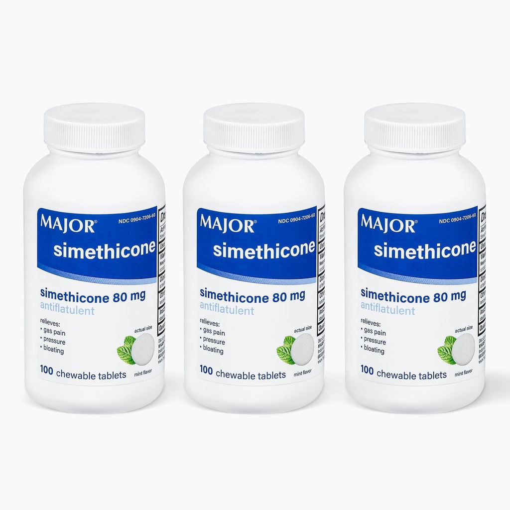 MAJOR Simetikon Gass Relief 80 mg - Anti flatulens, Bleating og gass trykkhjelp - 100 Chewable tabletter (3 pakke)