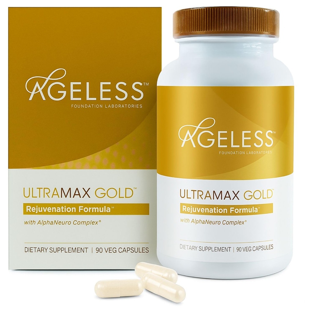 AGELESSTM: UltraMAX GoldTM Capsules, HGH Anti-Aging Supplement for kvinner, Slows Cellular Aging, støtter immunhelse, glattere hudtone og restorativ søvn, vektkontroll, 90 kapsler