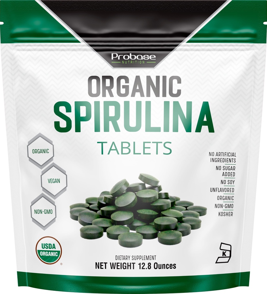 Probase Nutrition Organic Spirulina Supplement, 3000MG Per servering, 720 tabletter (4 måneders forsyning), Ingen fyllstoff og ikke-GMO, rik på vegansk protein, vitaminer og prebiotika, Premium Spirulina piller
