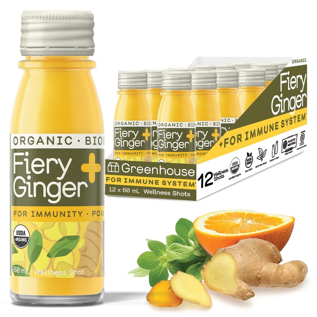 Grønnhus Juice Organic Fiery Ginger Wellness Shots 12-land 60ml glassflasker, Vegan & Glutenfri