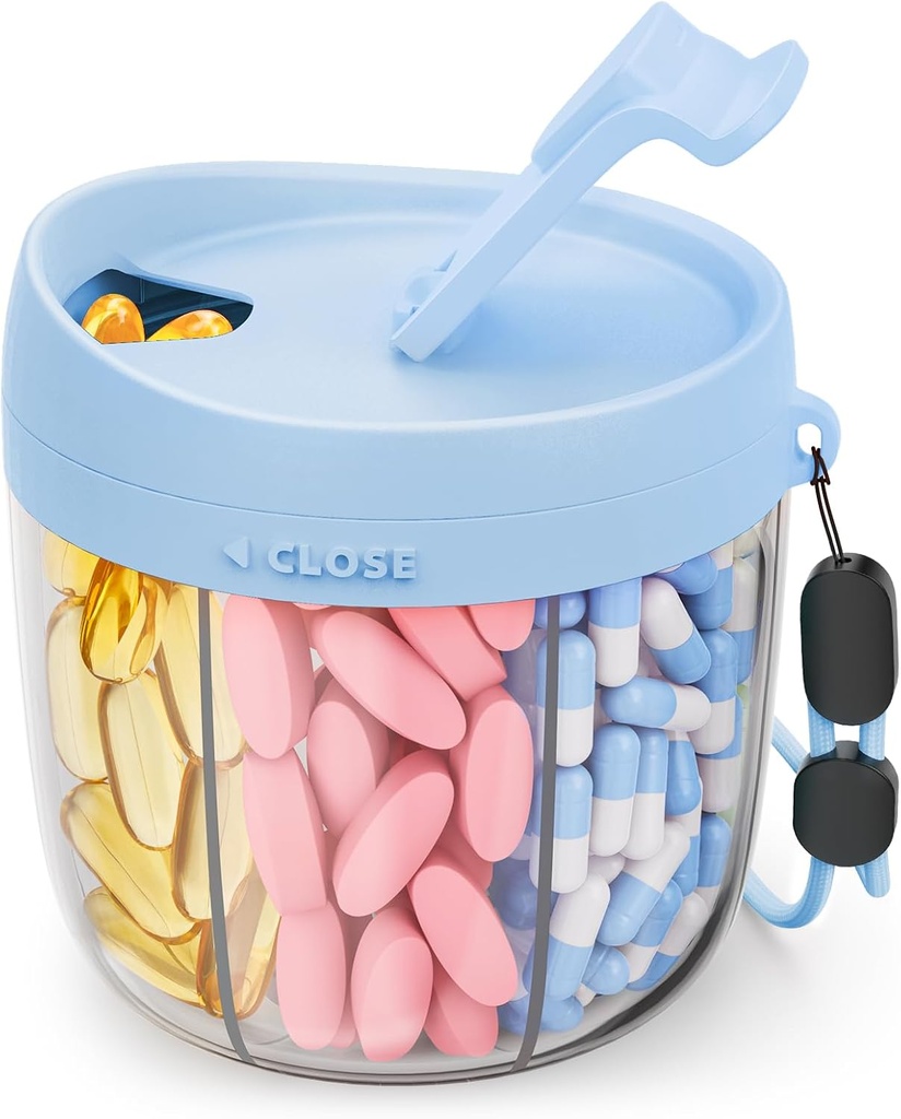 Søt pille dispenser med 7 store sammenlikninger, bærbare piller flaskeorganisator med bred åpning for enkel bruk, anti-Mix pilleorganisator for reise, BPA-fri pille container, blå