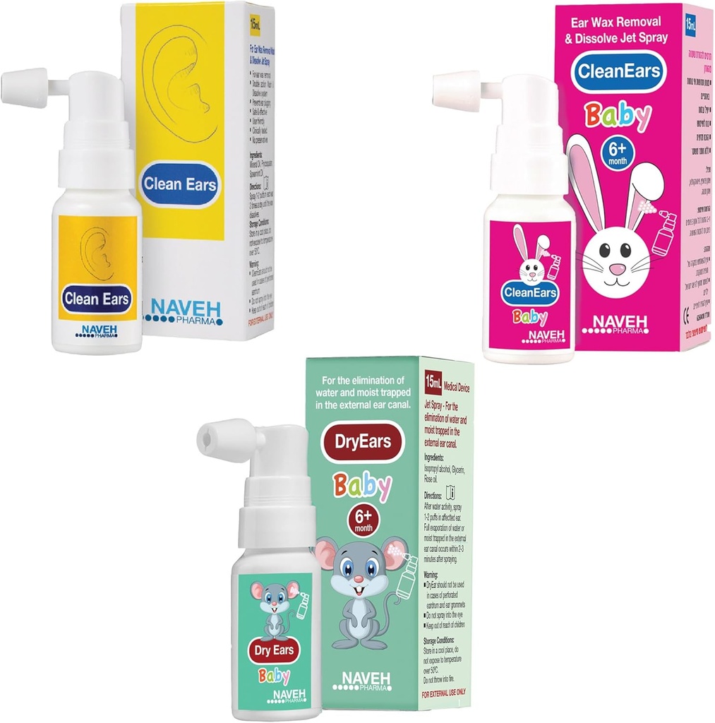 NAVEH PHARMA CleanEars 0.5 Fl Oz + NAVEH PHARMA Tørr-Ears Baby 0.5 FL OZ + NAVEH PHARMA Otic Guard Baby 0.5 Fl Oz