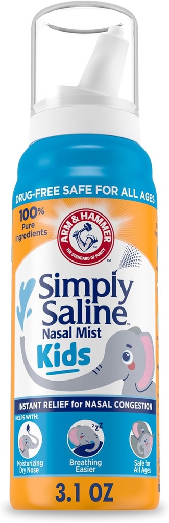 ARM & HAMMER Bare saltvannssalt Kids Nasal Mist, saltvannssprøyte for gentle nasal kongestiv relief, 3.1 oz