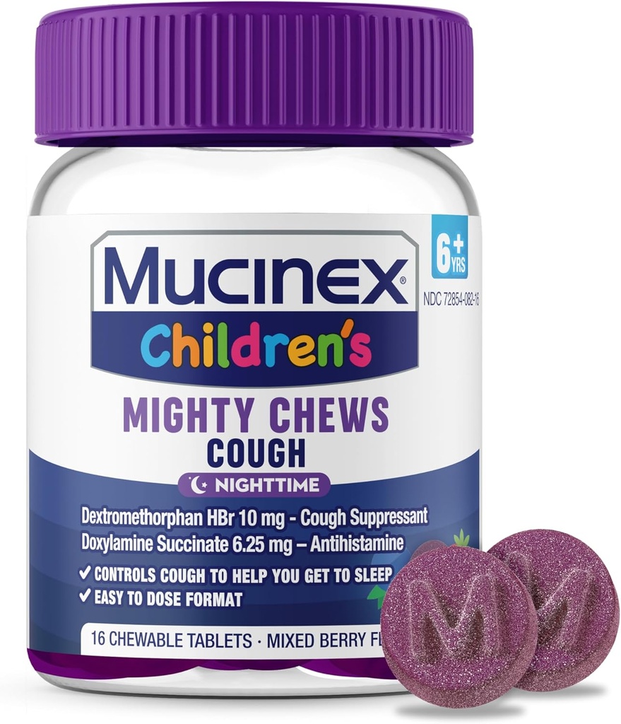 Mucinex Barns Mighty Chews Nighttime Kids Cough Medisin, lett å dosere Cough Suppressant med Dextromethorphan, Kids reise medisin for Cough, Blandet Berry Flavor, 16 Medisinerte Chewable Tabletter