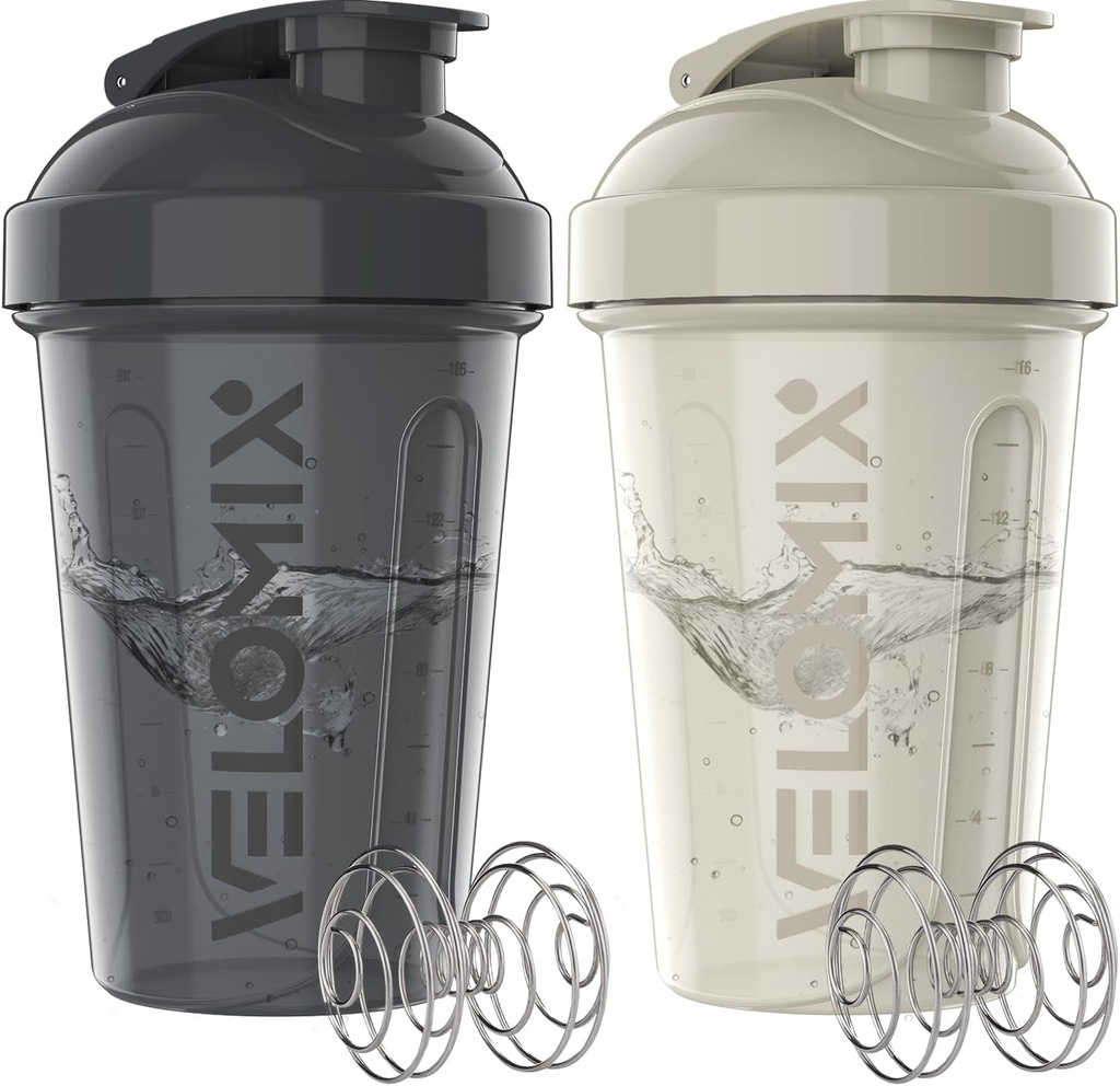 VELOMIX -2 Pack- 20 oz Protein Shaker flasker for proteinblandinger - 2x Wire Whisk | Leak Proof Shaker kopper for proteinshake og pre trening | Protein Shaker flaske pakke (Gray/White)