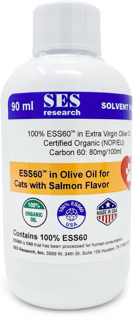 SES forskning C60 for Kjæledyr i økologisk ekstra jomfru Oliveolje med lakseflavor - Kjæledyr Mat Supplement - Antioksidant Supplement - løsningsfri - immunisme Booster - Boosts Energy & Mood - Fokus - 90ML