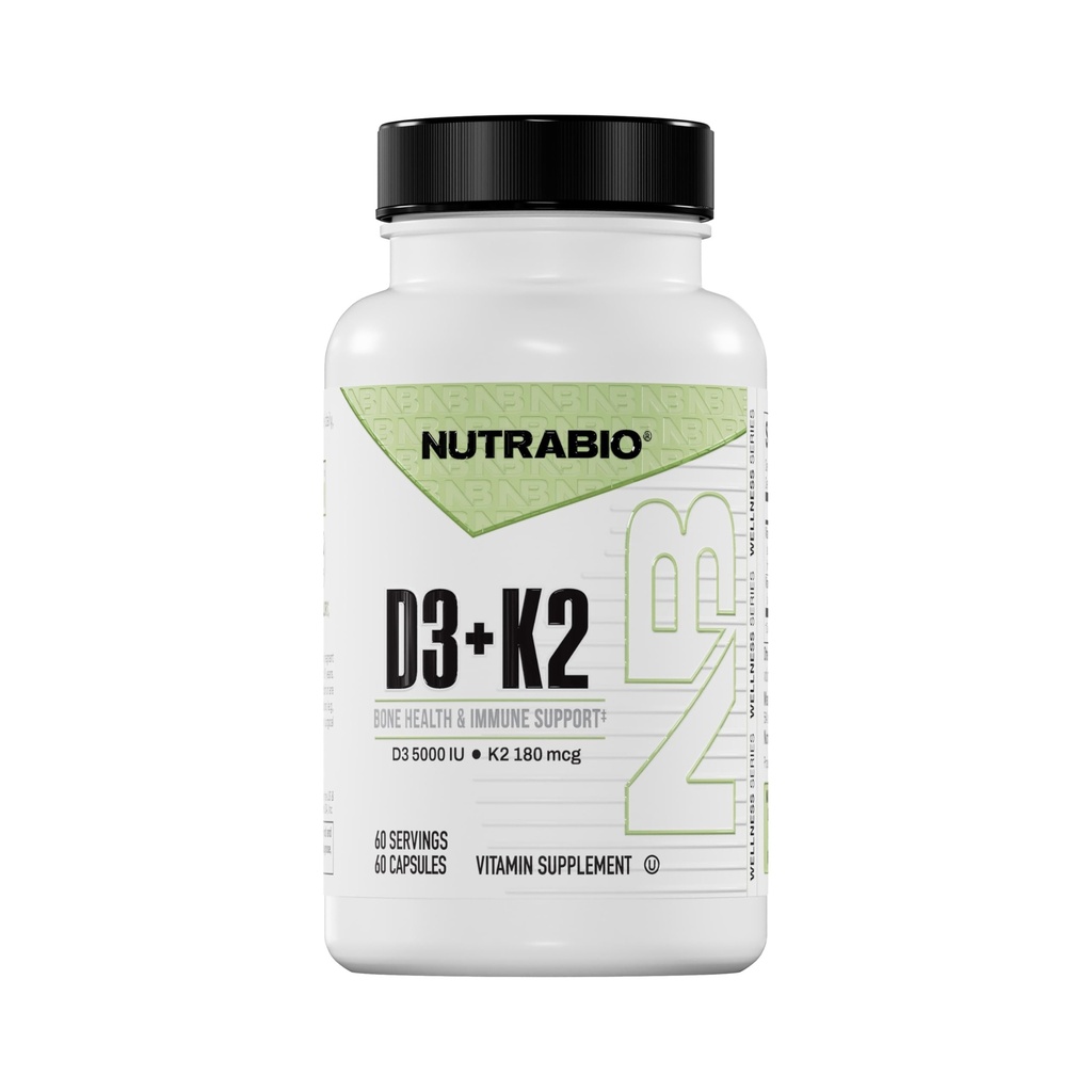 NutraBio vitamin D3 K2 5000 IU D3 som kolekalciferol med vitamin K2 som MENA-Q MK7 (180mcg) | Støtte Bein og hjerte helse | Ikke-GMO, Glutenfri, Laktosefri | 60 Grønnsaker Kapsler